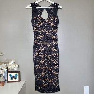 January 7 Bodycon Dress Size Small Black Flower Crochet Lace Sleeveless Midi